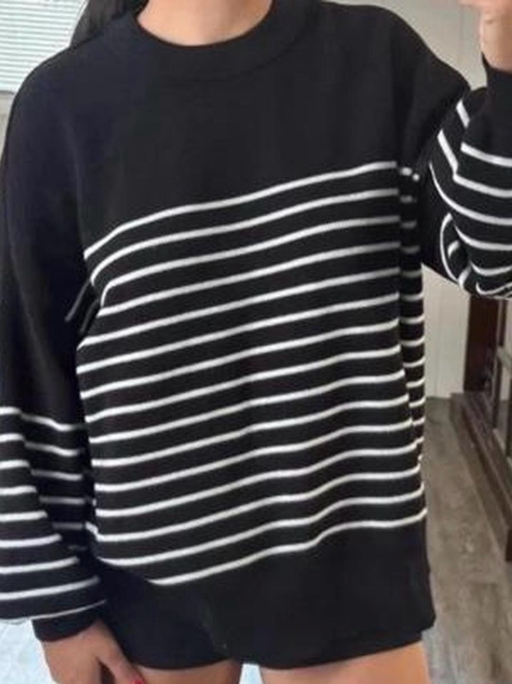 Women’s Black & White Striped Crewneck Sweater